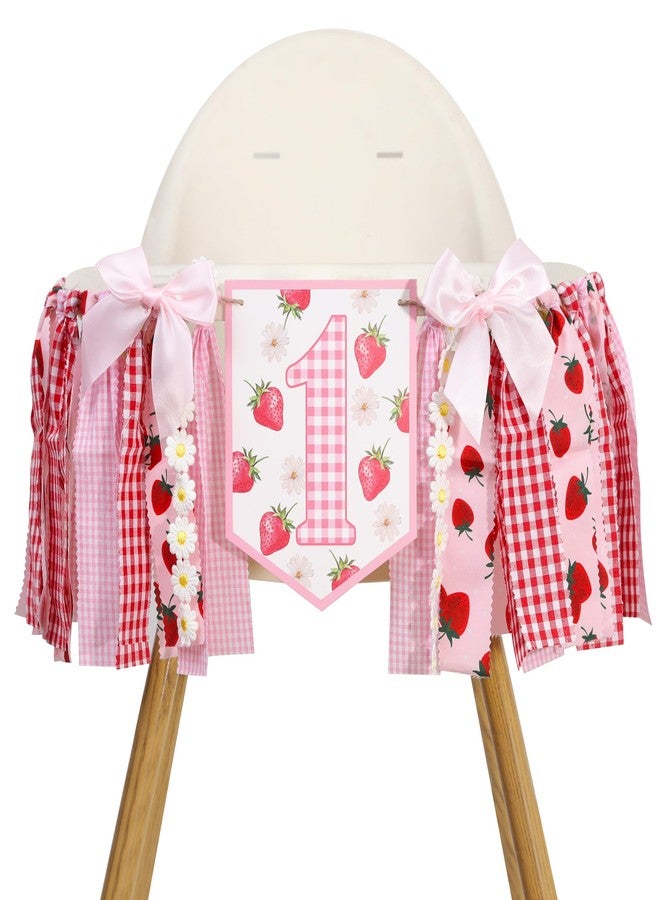 HIKLO Strawberry Daisy 1st Birthday High Chair Banner - Pink Red Berry Theme Highchair Banner, Gingham Sweet Berry First Birthday Party Decoration, Best Sweet One Cake Smash Photo Props, Strawberry Picnic Party Supplies - Image 1